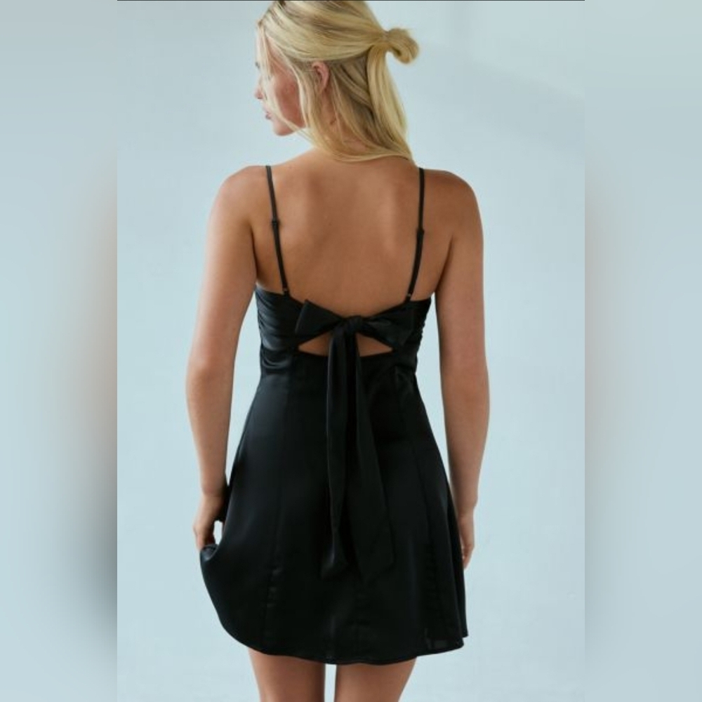 UO Bella Bow Back Black Satin Mini Dress
